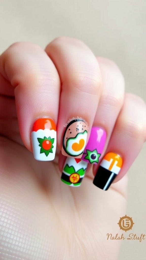 Creative sushi-inspired nail art with colorful designs resembling sushi rolls and wasabi.